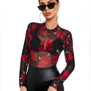 Dachoe woman’s small red rose lined Corset mesh long sleeve top